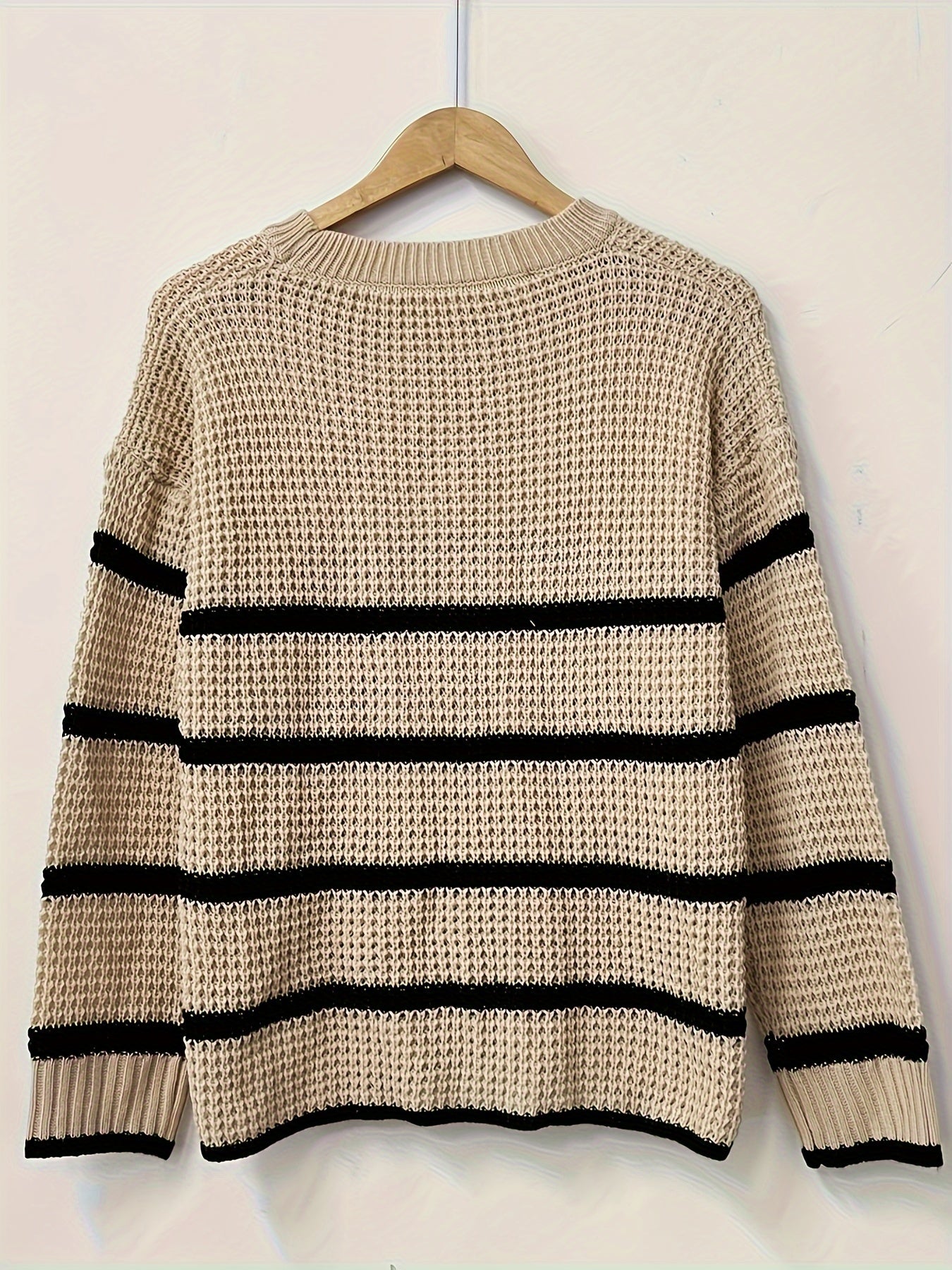 Striped Crew Neck Sweater, Elegant Waffle Knit Long Sleeve Sweater For Fall & Winter, Women's Clothing