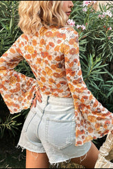 Printed Mock Neck Flare Sleeve Top - MyEmpired