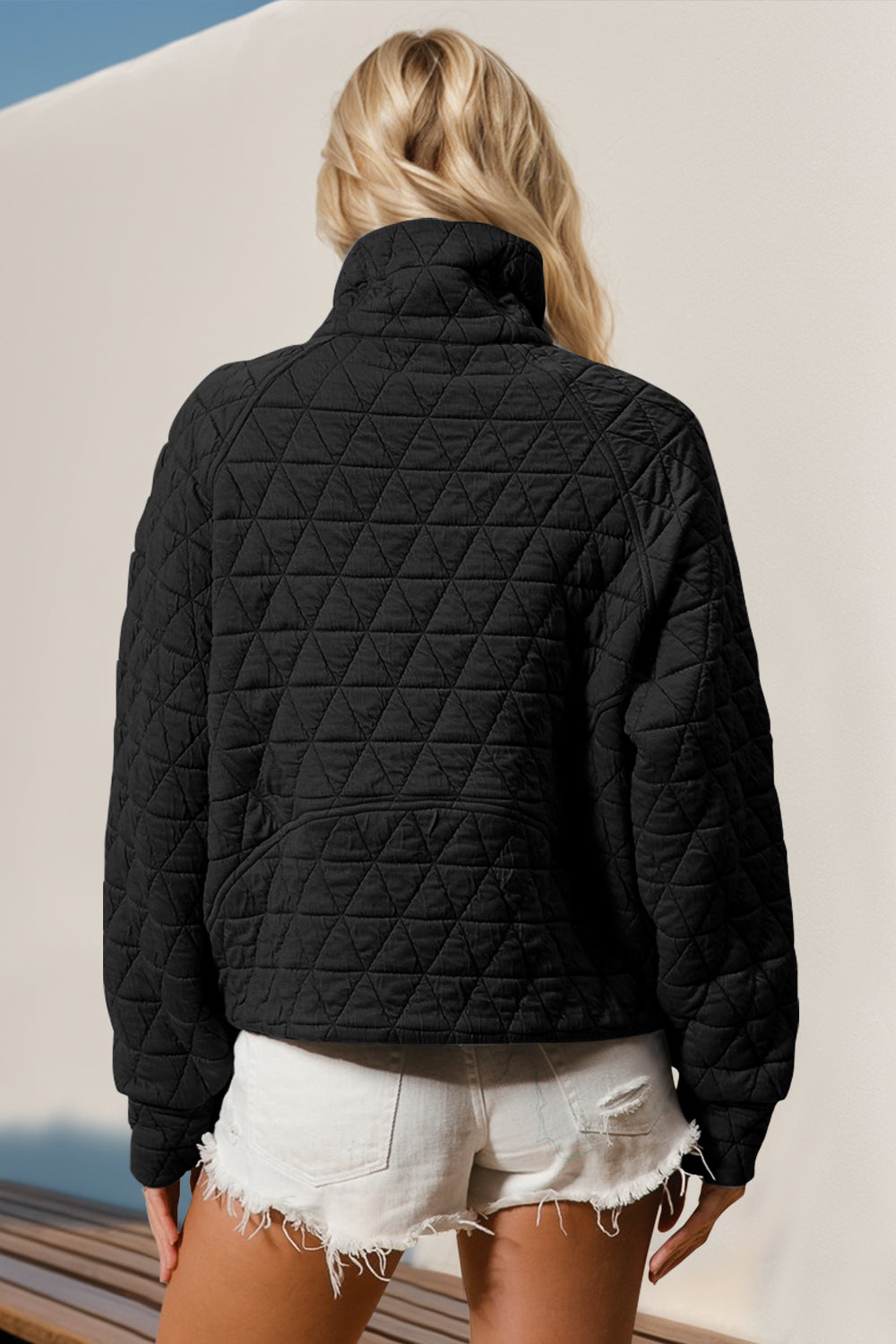 Double Take Half Zip Long Sleeve Quilted Sweatshirt with Pocket - MyEmpired
