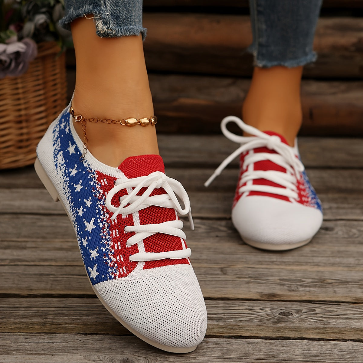 Women'S Casual Sports Flats with Star Pattern, Breathable Fabric Upper, Round Toe Lace-Up Sneakers, All-Season Rubber Sole Shoes from Taizhou