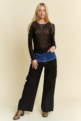 Davi & Dani Bow Mesh Round Neck Long Sleeve Top - MyEmpired
