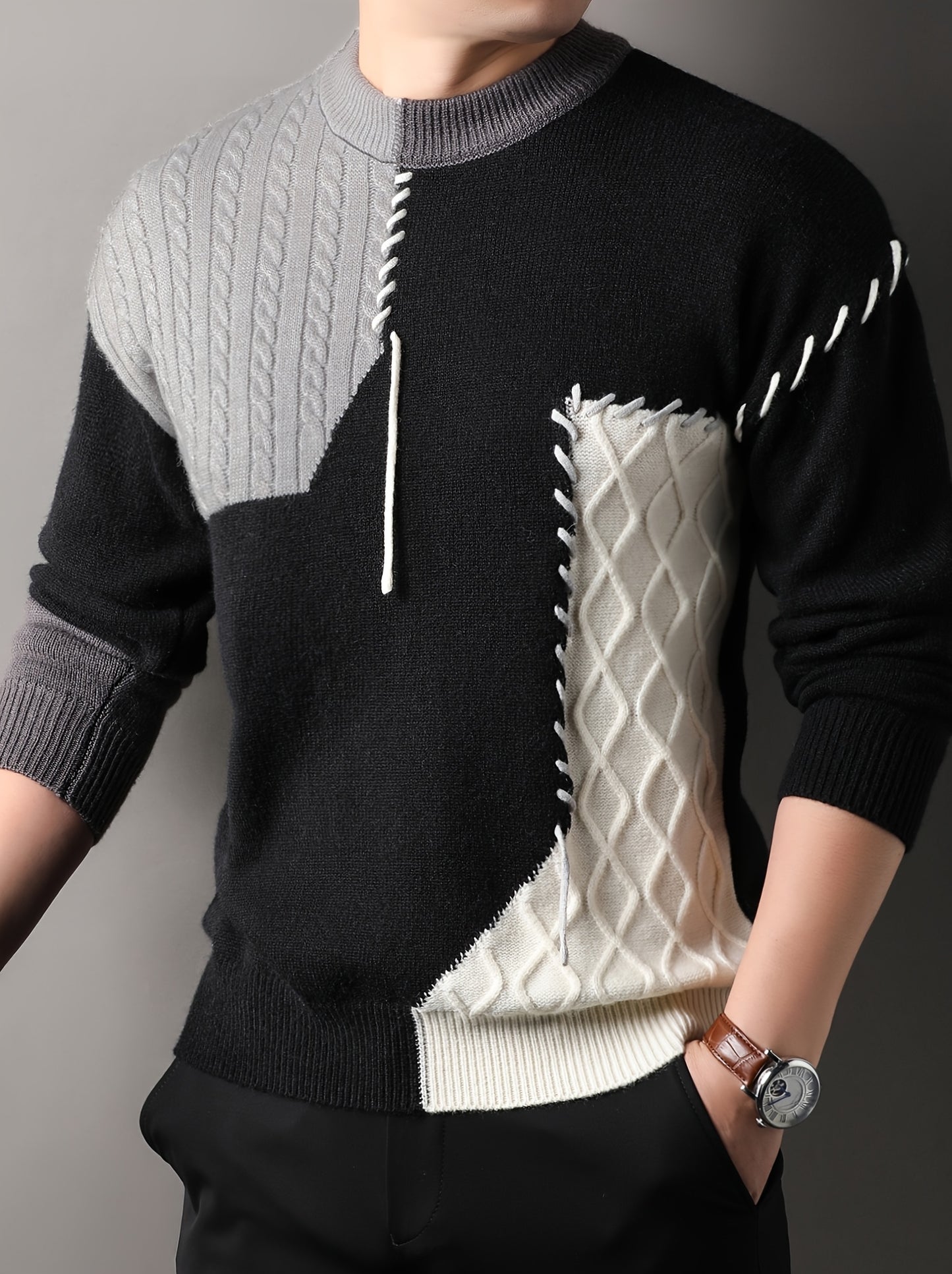 1pc Men'S Korean Style Crew Neck Sweater, Casual Striped Pattern, Rib-Knit, Slight Stretch, Loose Fit, Acrylic Knit Fabric, Thick Warm Patchwork Pullover for Fall/Winter - Fashionable Color Block Base Layer Top [12422]