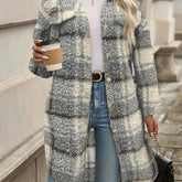 Plaid Pattern Button Front Fuzzy Jacket, Casual Thermal Long Sleeve Long Length Collar Coat For Fall & Winter, Women&