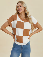 Double Take Full Size Checkered Round Neck Short Sleeve Sweater - MyEmpired