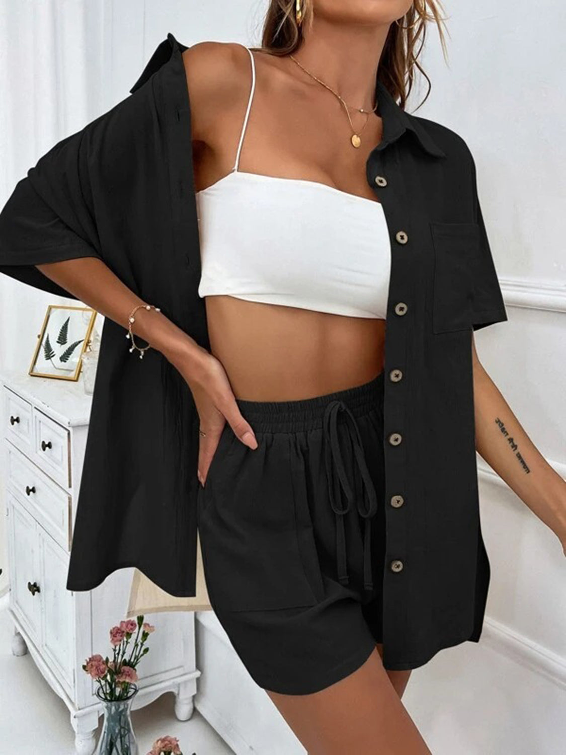 Button Up Shirt and Drawstring Shorts Set - MyEmpired