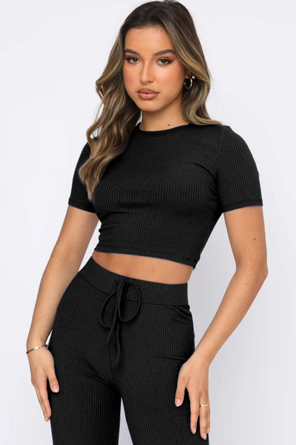 Round Neck Short Sleeve Top and Pants Set - MyEmpired