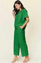 Double Take Full Size Texture Half Zip Short Sleeve Top and Pants Set - MyEmpired