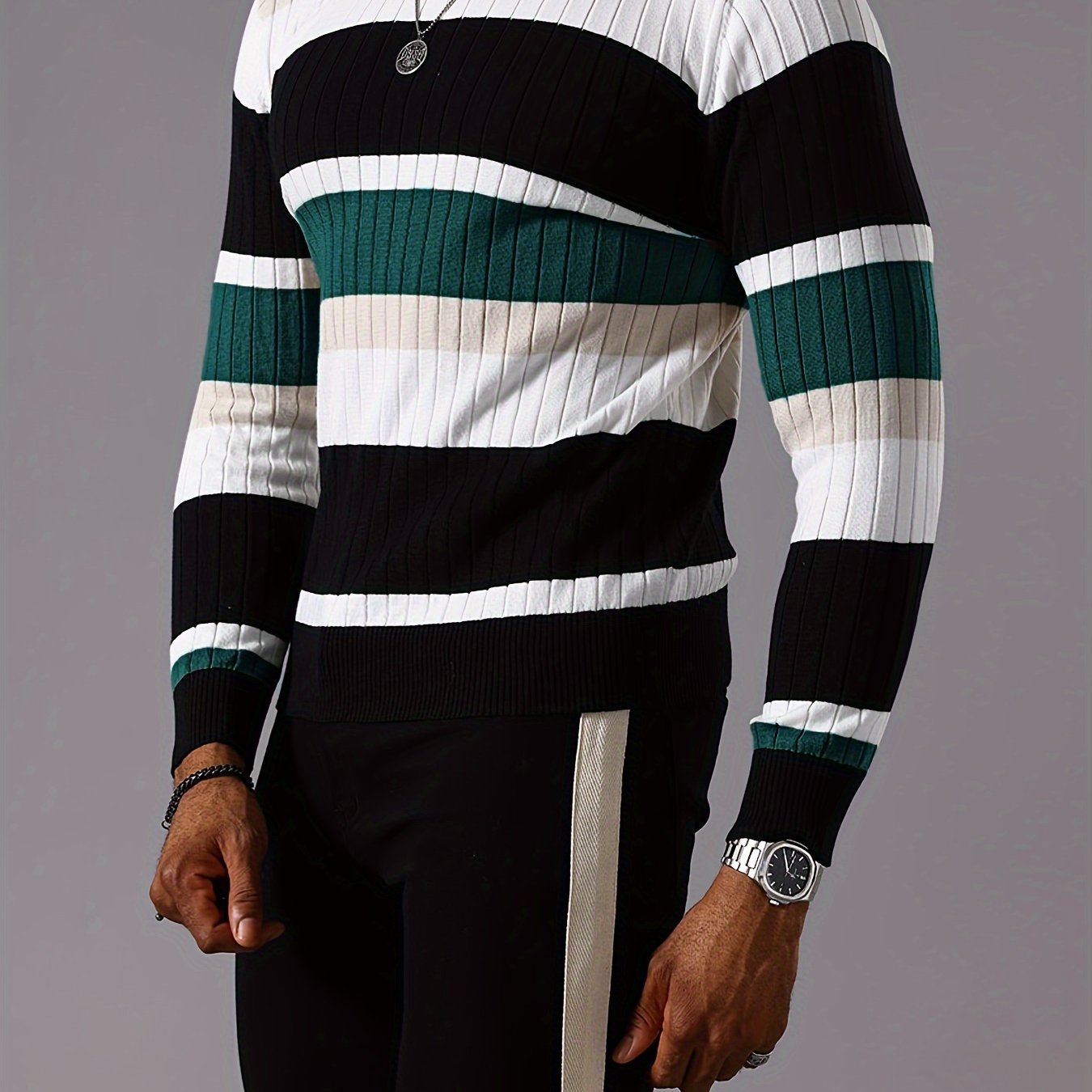 Men's Casual Striped Color Block Long Sleeve Knit Pullover - Round Neck, Machine Washable, Striped, Round Neck, Long Sleeve, Knit Sweater