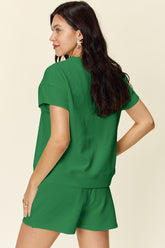 Double Take Full Size Texture Short Sleeve T-Shirt and Drawstring Shorts Set - MyEmpired