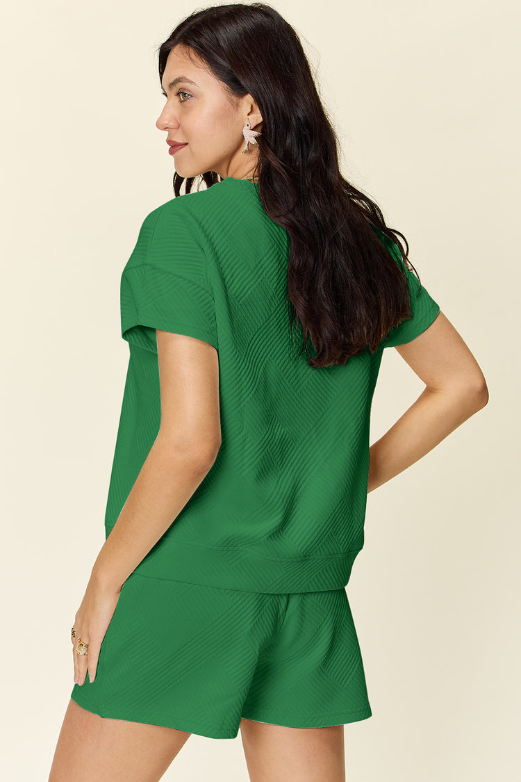 Double Take Full Size Texture Short Sleeve T-Shirt and Drawstring Shorts Set - MyEmpired