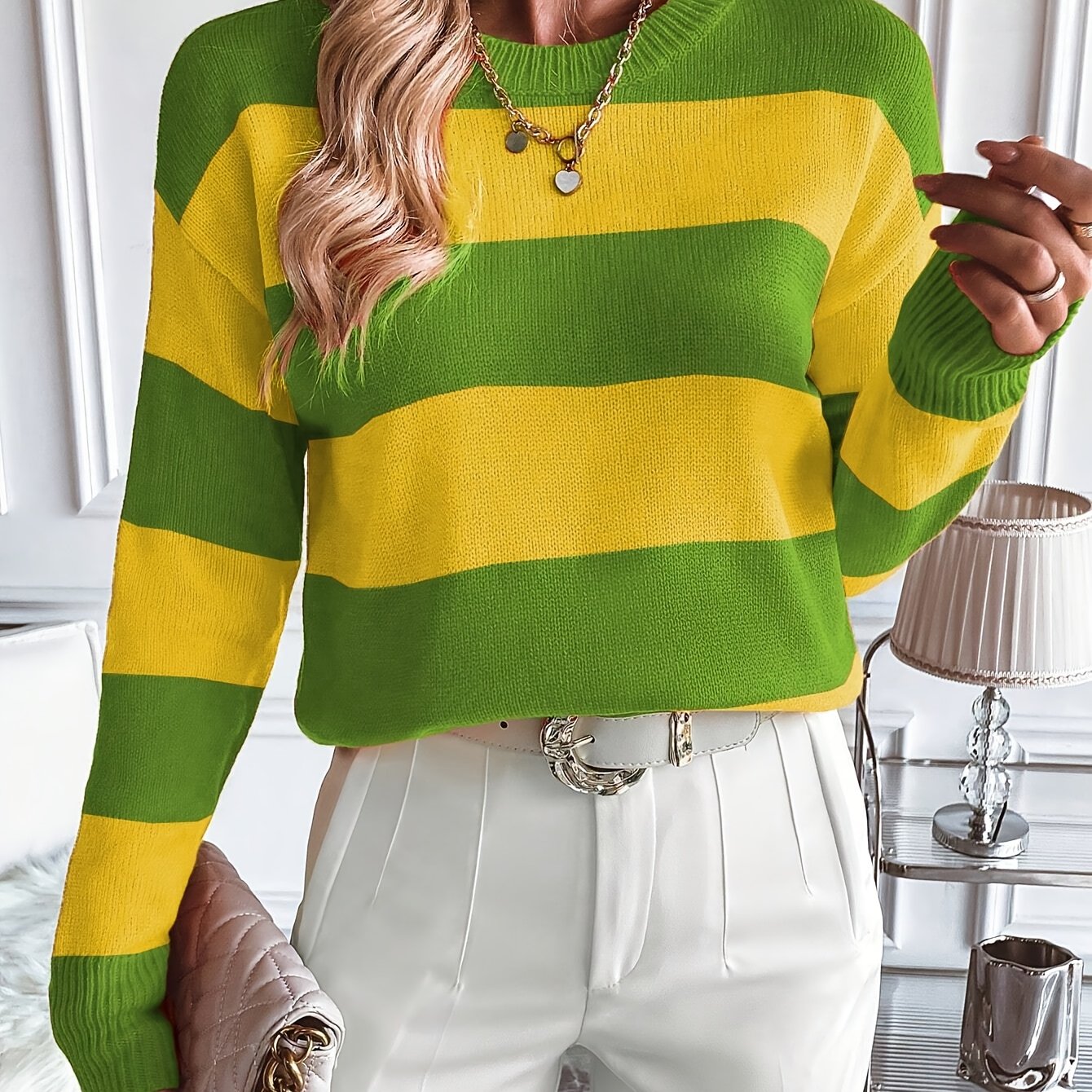 Women's Casual Color Block Striped Knit Sweater - Crew Neck, Long Sleeve Pullover for Fall/Winter