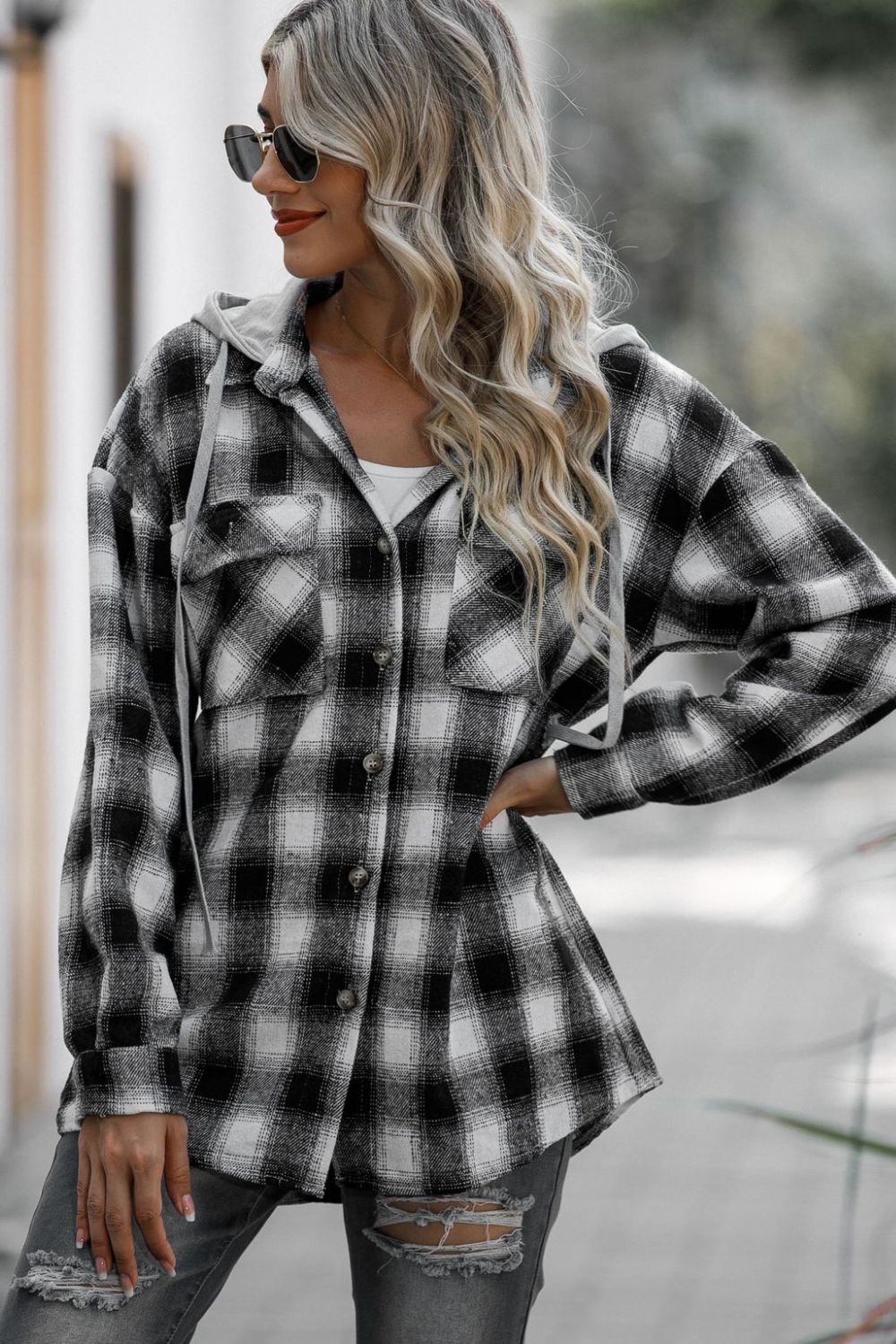 Double Take Drawstring Plaid Long Sleeve Hooded Shacket - MyEmpired