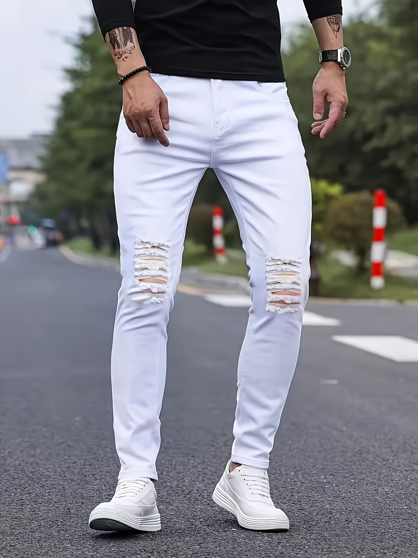 Men's Solid Ripped Denim Pants, Stylish Casual Jeans For Males