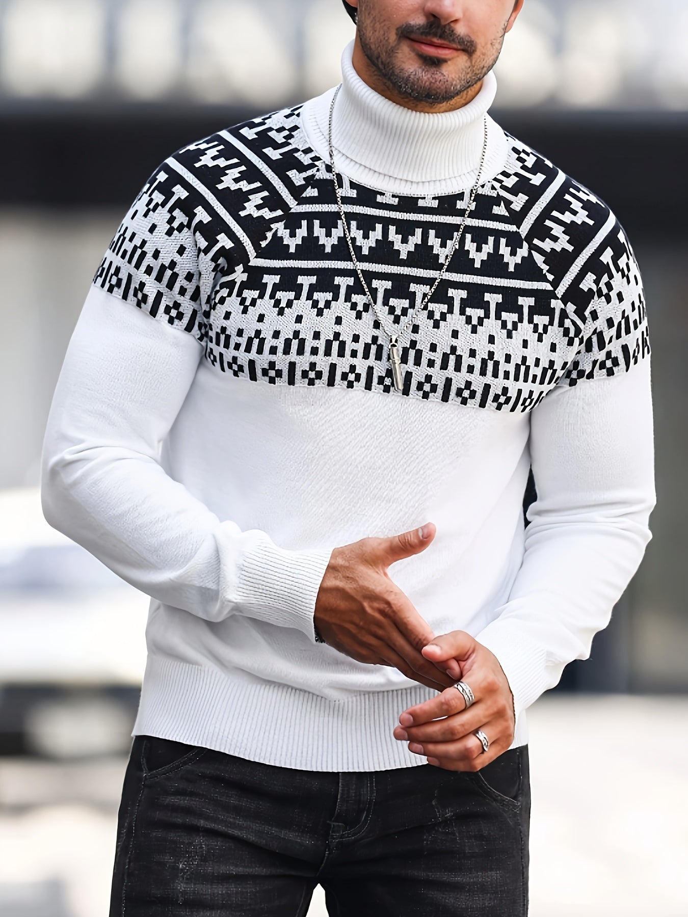 Men's Geometric Graphic Print Knitted Pullover, Casual Long Sleeve Turtle Neck Sweater For Fall Winter, Outdoor Cloth