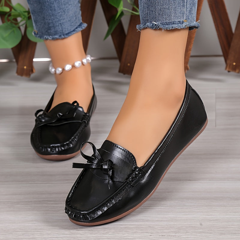 Women's Bow Flat Shoes, Solid Color Round Toe Slip On Shoes, Comfy & Lightweight Every Day Loafers