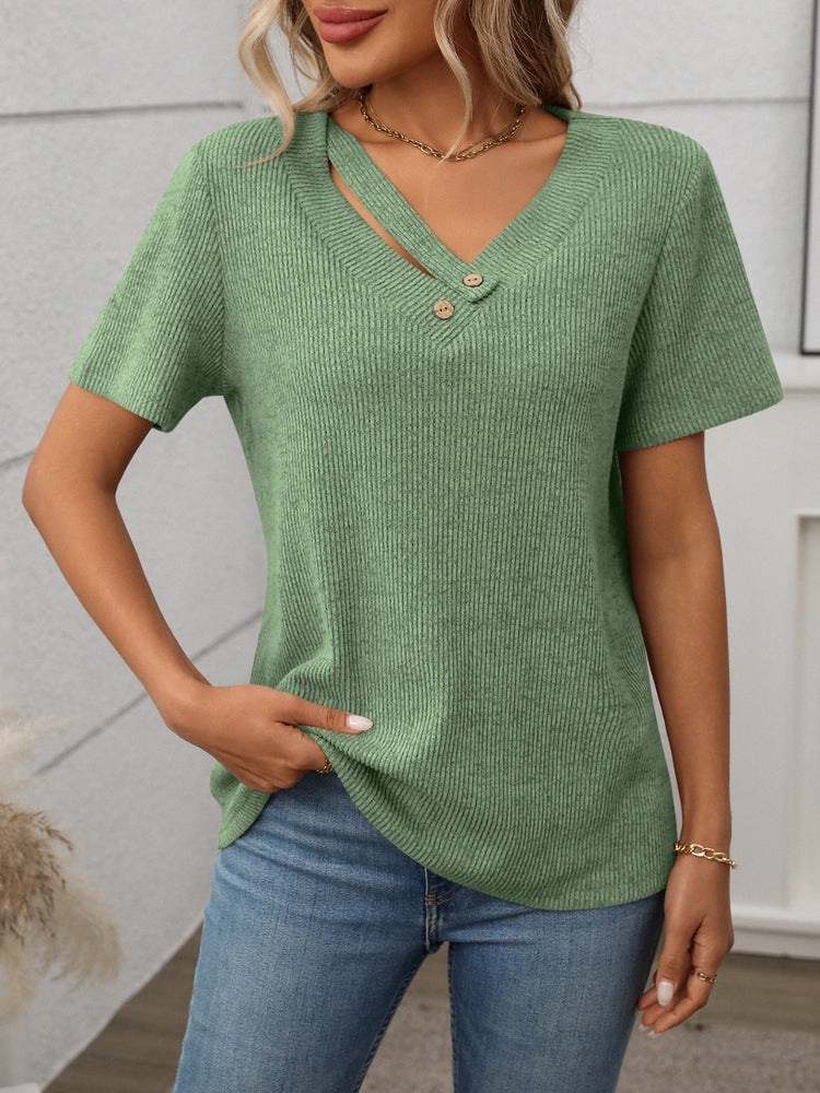 Ribbed V-Neck Short Sleeve T-Shirt - MyEmpired