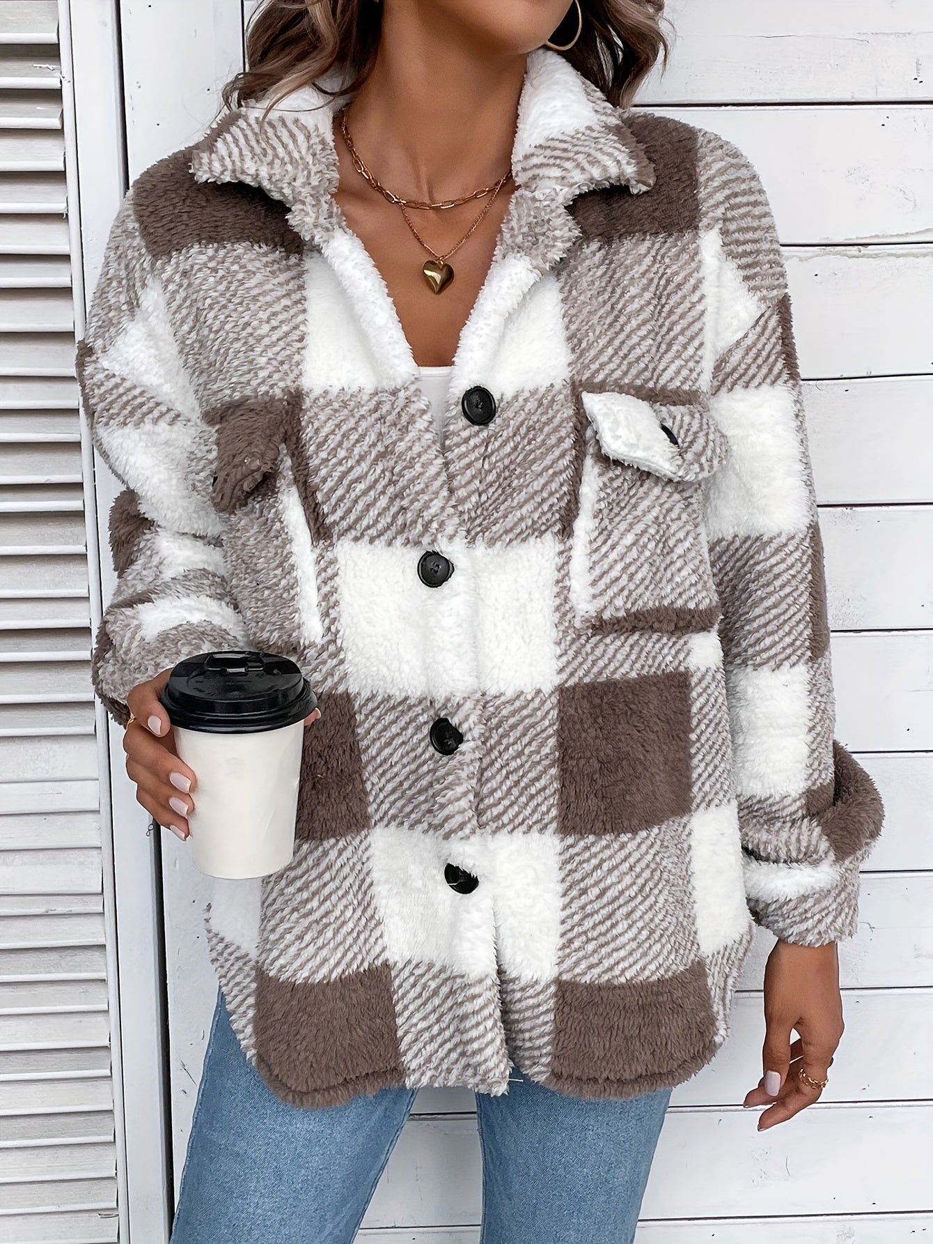 Plaid Fuzzy Fall & Winter Coat, Casual Button Front Long Sleeve Warm Outerwear, Women&