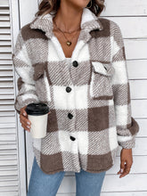 Plaid Fuzzy Fall & Winter Coat, Casual Button Front Long Sleeve Warm Outerwear, Women&
