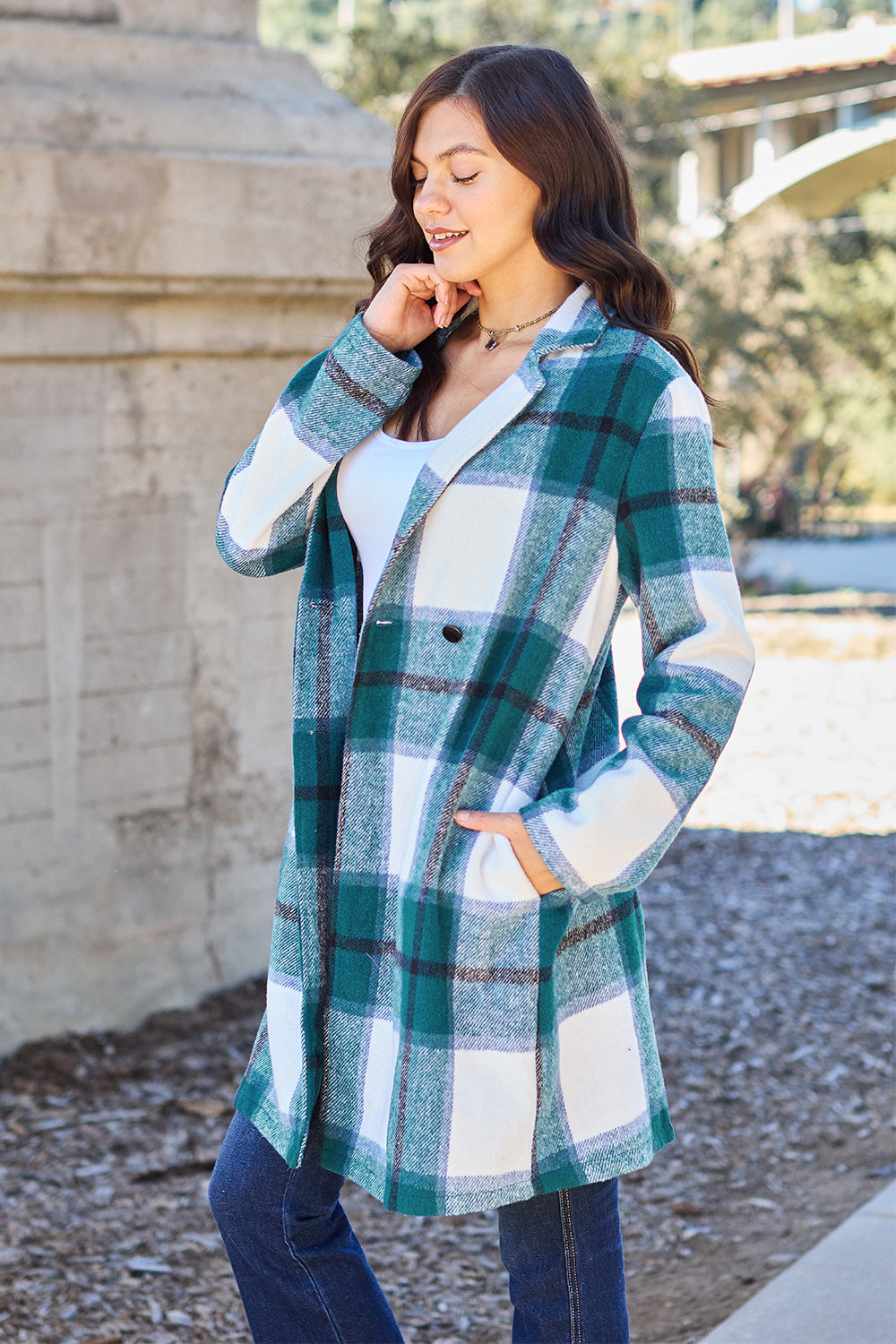 Double Take Full Size Plaid Button Up Lapel Collar Coat - MyEmpired