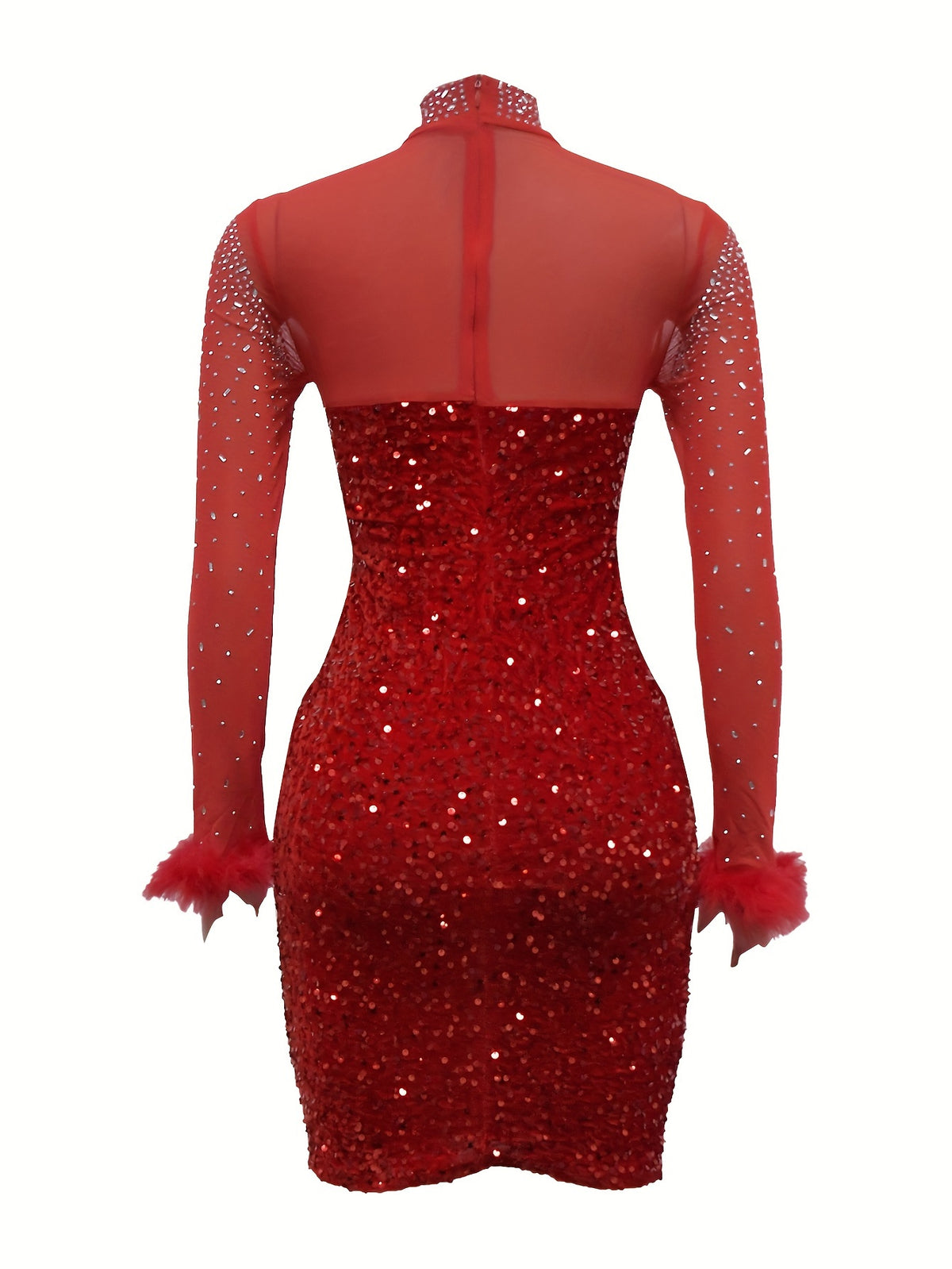 Elegant Sequined Feathered Dress for Women - Polyester Knit Fabric, Long Sleeve, A-Line Short Skirt, Round Neck, Solid Color, Fit & Flare Style, No Belt, Spring/Fall Collection - MyEmpired