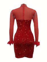 Elegant Sequined Feathered Dress for Women - Polyester Knit Fabric, Long Sleeve, A-Line Short Skirt, Round Neck, Solid Color, Fit & Flare Style, No Belt, Spring/Fall Collection - MyEmpired