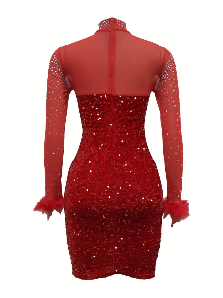 Elegant Sequined Feathered Dress for Women - Polyester Knit Fabric, Long Sleeve, A-Line Short Skirt, Round Neck, Solid Color, Fit & Flare Style, No Belt, Spring/Fall Collection - MyEmpired