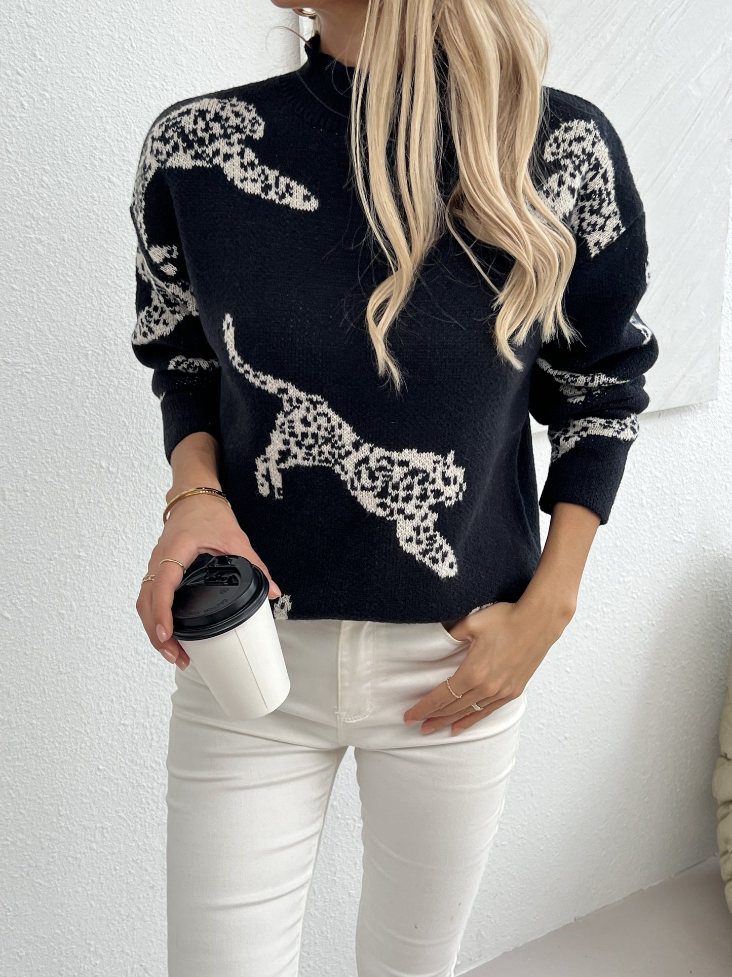 Leopard Pattern Mock Neck Sweater, Elegant Long Sleeve Sweater For Fall & Winter, Women's Clothing