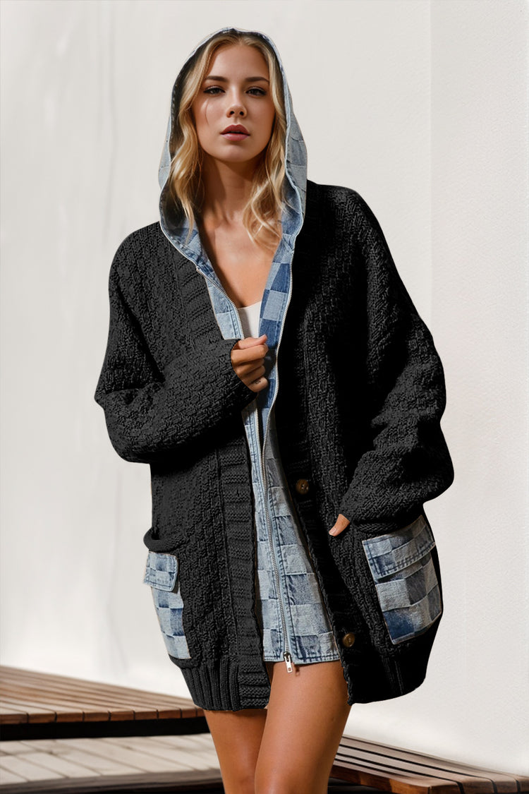 Double Take Full Size Hooded Denim Spliced Sweater Cardigan - MyEmpired