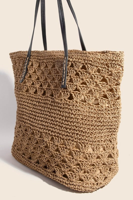 Fame Faux Leather Handle Knitted Tote Bag - MyEmpired
