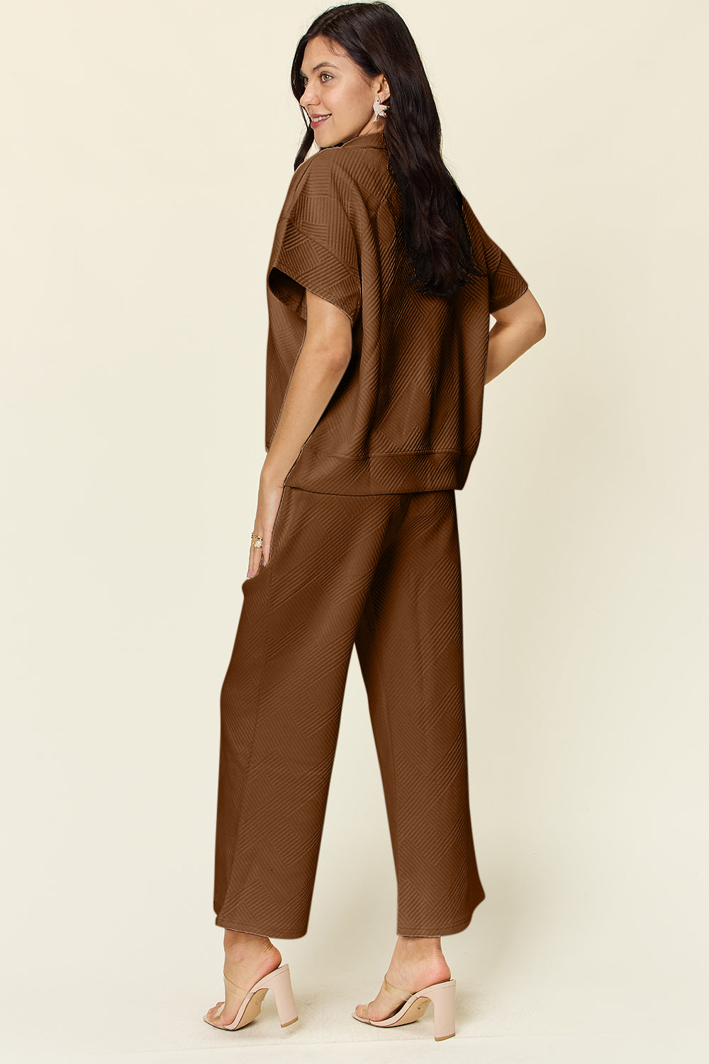 Double Take Full Size Texture Half Zip Short Sleeve Top and Pants Set - MyEmpired