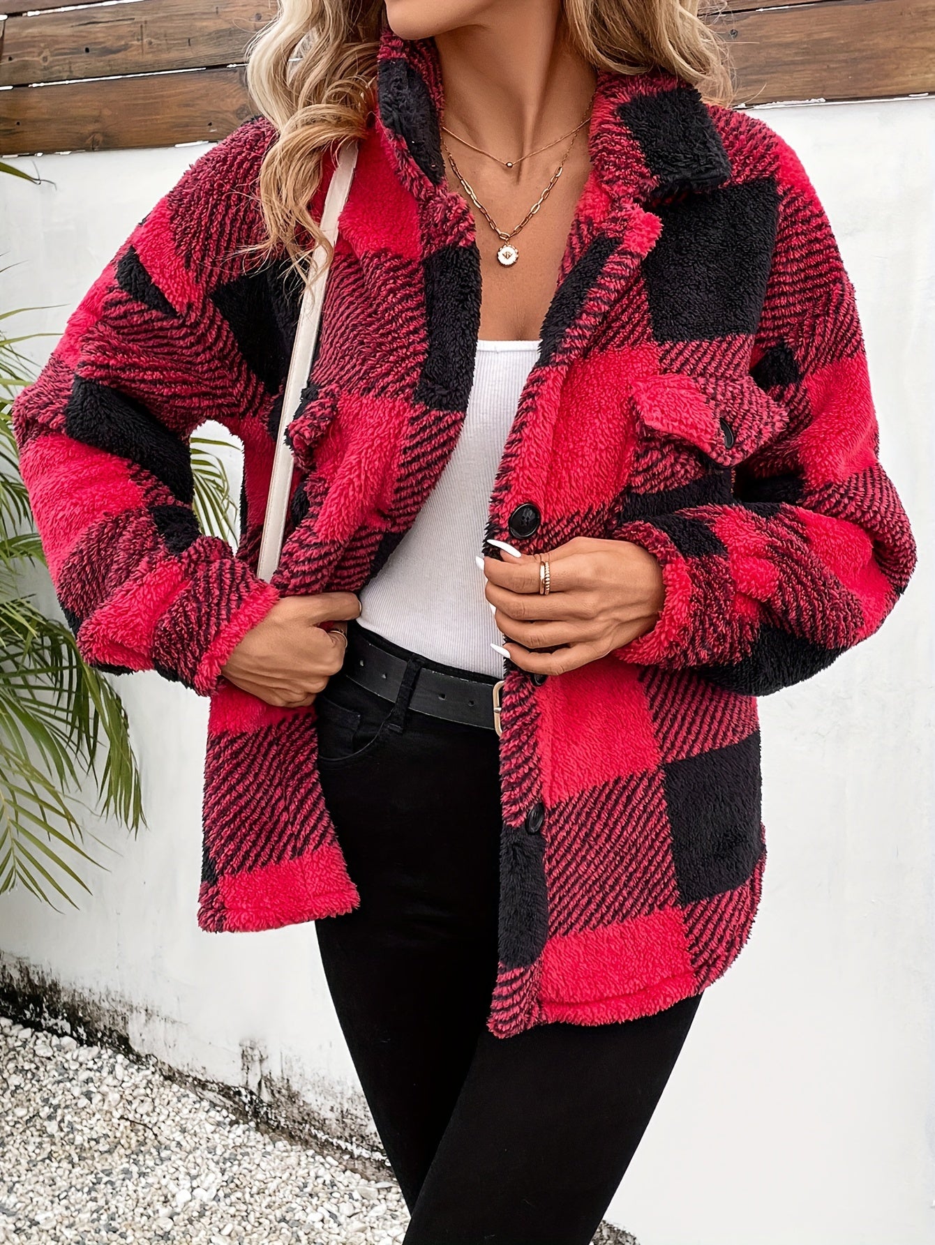 Plaid Fuzzy Fall & Winter Coat, Casual Button Front Long Sleeve Warm Outerwear, Women&