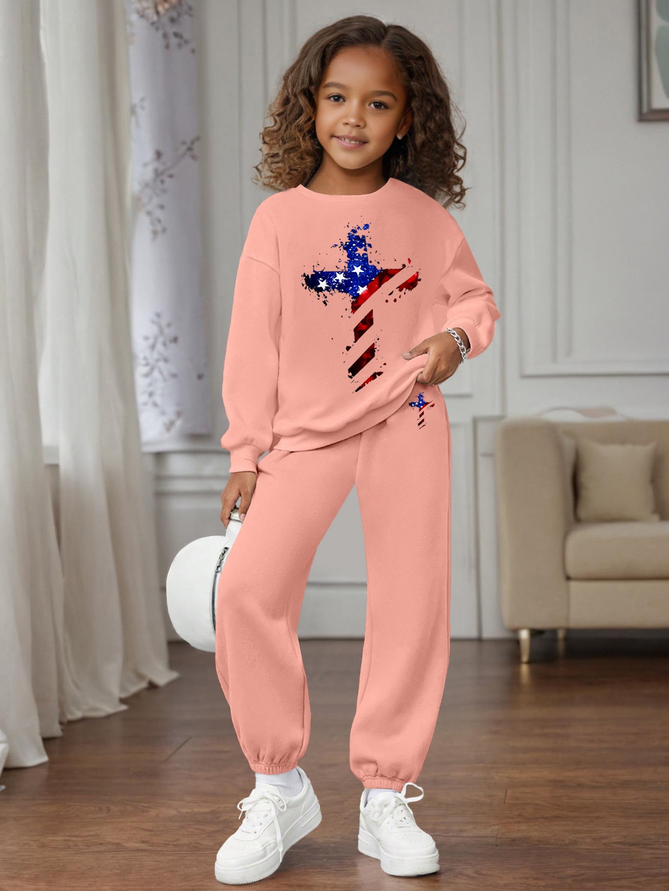 Girls' Trendy Star-Print Color Block Sweatshirt & Joggers Set - Cozy Knit, Machine Washable - Perfect for Fall/Spring, Perfect for Outdoor