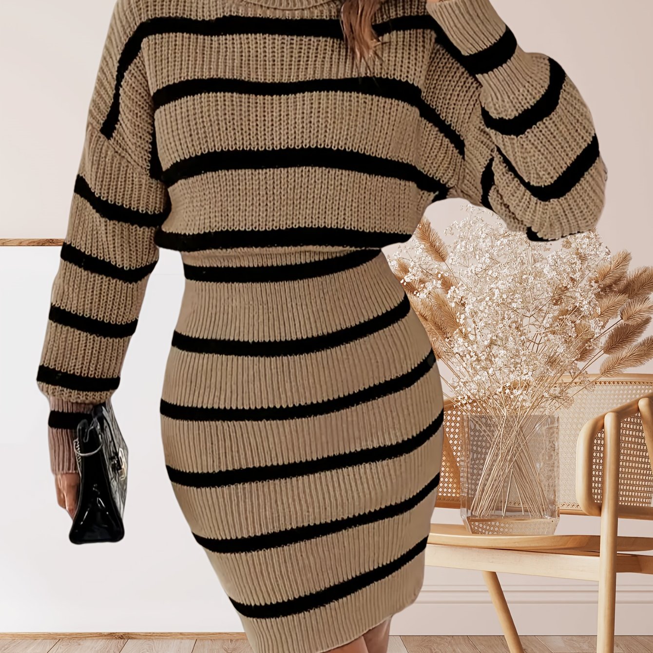 Striped Pattern Turtleneck Sweater Dress, Elegant Drop Shoulder Knitted Dress For Spring & Fall, Women's Clothing