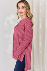 Basic Bae Full Size Ribbed Half Button Long Sleeve High-Low T-Shirt - MyEmpired