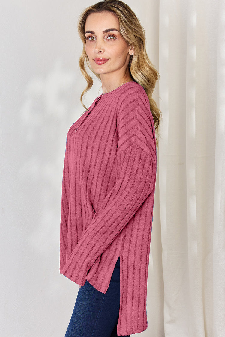Basic Bae Full Size Ribbed Half Button Long Sleeve High-Low T-Shirt - MyEmpired