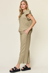 Double Take Texture Ruffle Short Sleeve Top and Drawstring Wide Leg Pants Set - MyEmpired