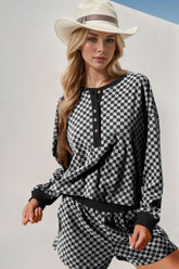 Double Take Checkered Half Button Top and Shorts Set - MyEmpired