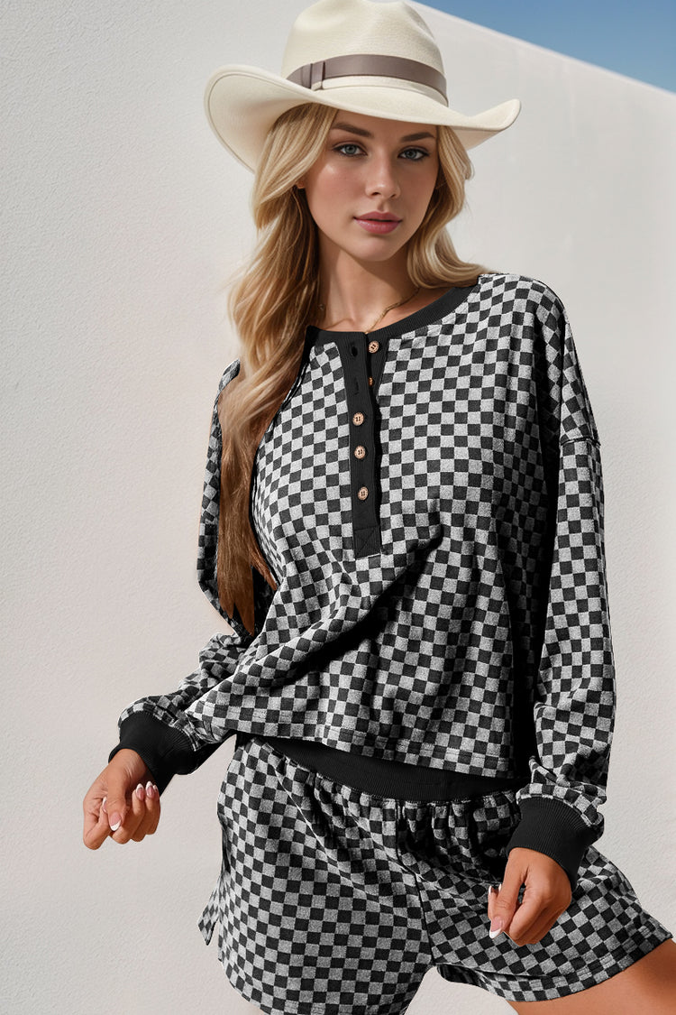 Double Take Checkered Half Button Top and Shorts Set - MyEmpired