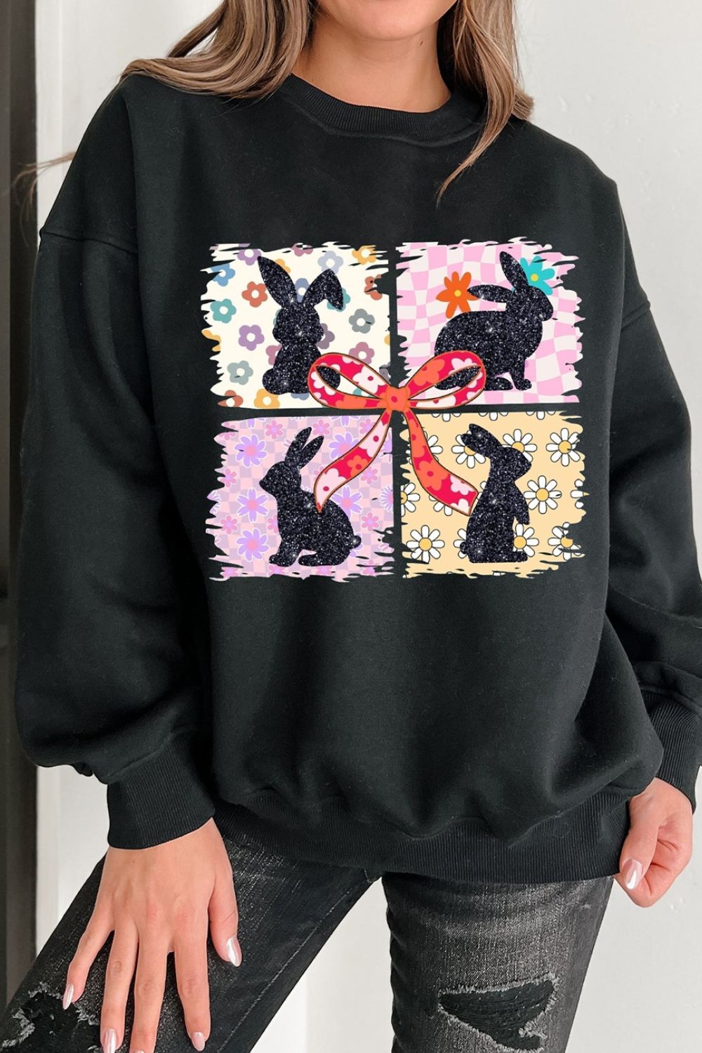 Floral Bunny Plaid Bow Graphic Easter Sweatshirt - MyEmpired