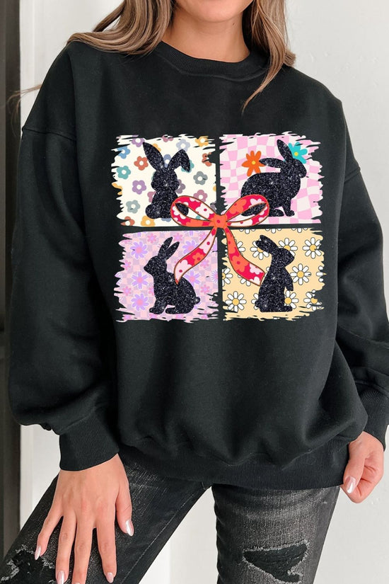 Floral Bunny Plaid Bow Graphic Easter Sweatshirt - MyEmpired