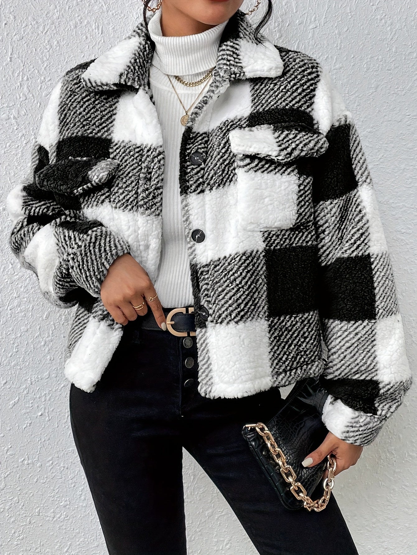 Plaid Pattern Button Front Fuzzy Coat, Casual Long Sleeve Warm Outerwear For Fall & Winter, Women's Clothing