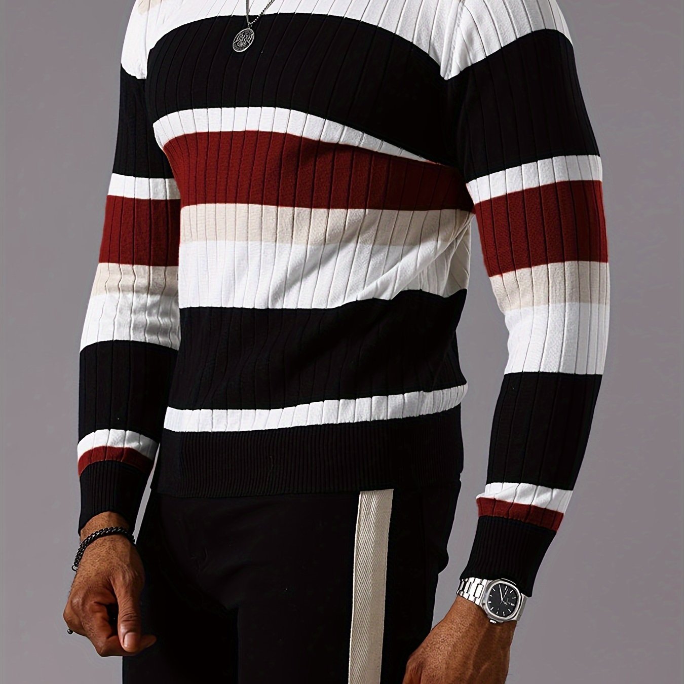 Men's Casual Striped Color Block Long Sleeve Knit Pullover - Round Neck, Machine Washable, Striped, Round Neck, Long Sleeve, Knit Sweater