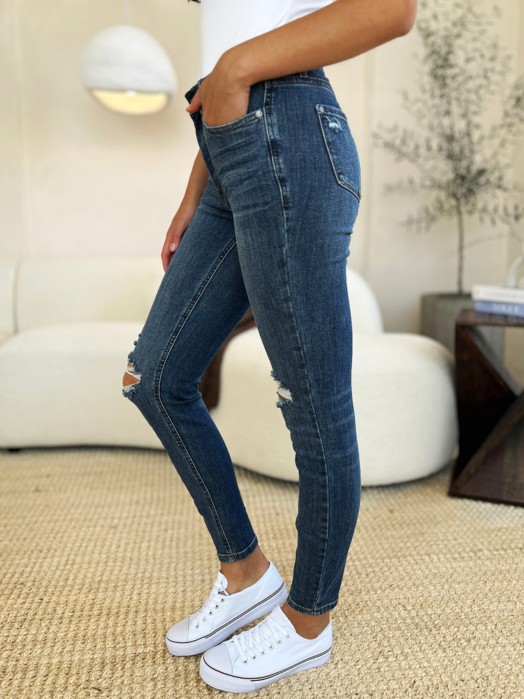 Judy Blue Full Size Mid Waist Distressed Slim Jeans - MyEmpired