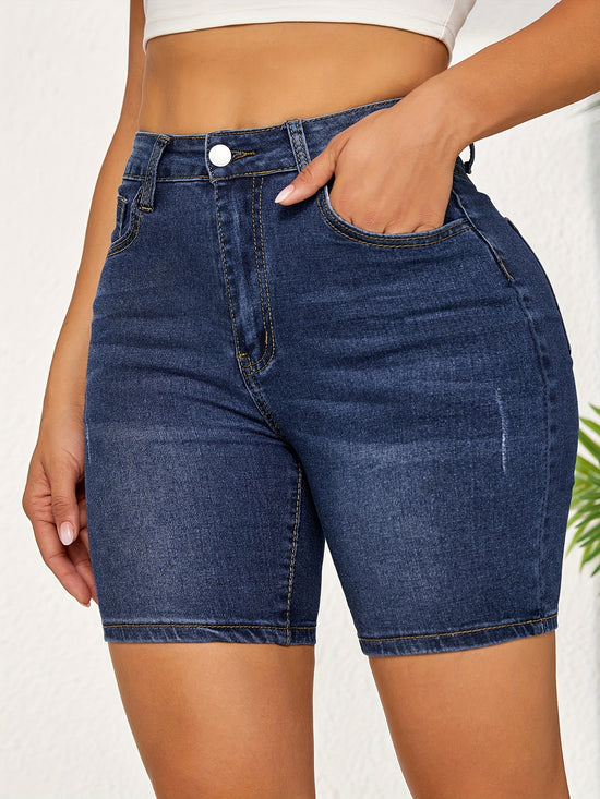 Plain Washed Blue Whiskering Denim Shorts, Slash Pocket Stretchy Denim Shorts, Women&