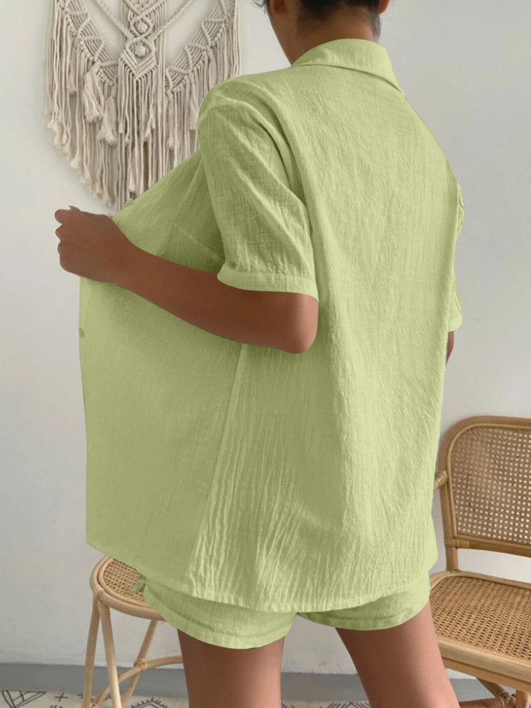 Button Up Short Sleeve Shirt and Drawstring Shorts Set - MyEmpired