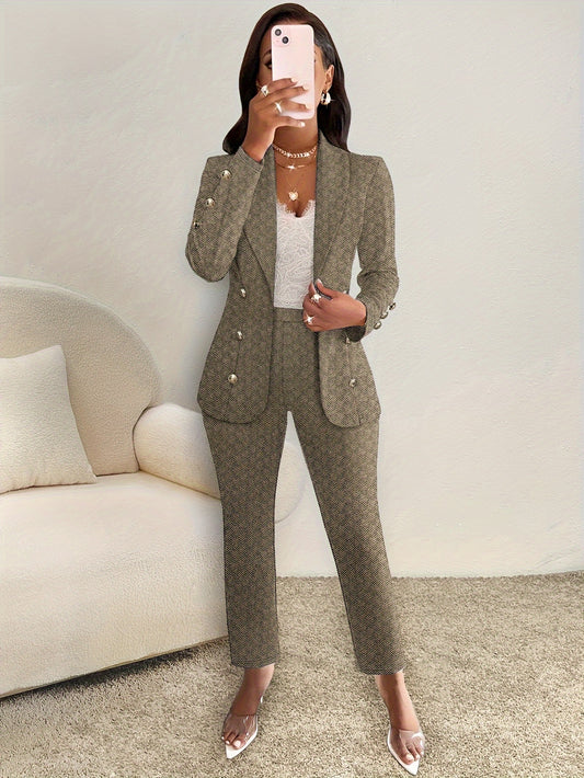 Elegant Women's Knit Blazer & Slim-Fit Pants Set - Chic Houndstooth Pattern, Button Detail, Machine Washable