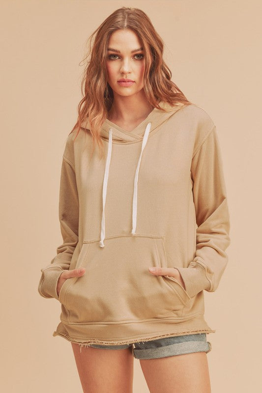 Aemi + Co Raw Hem Kangaroo Pocketed Drawstring Hoodie - MyEmpired