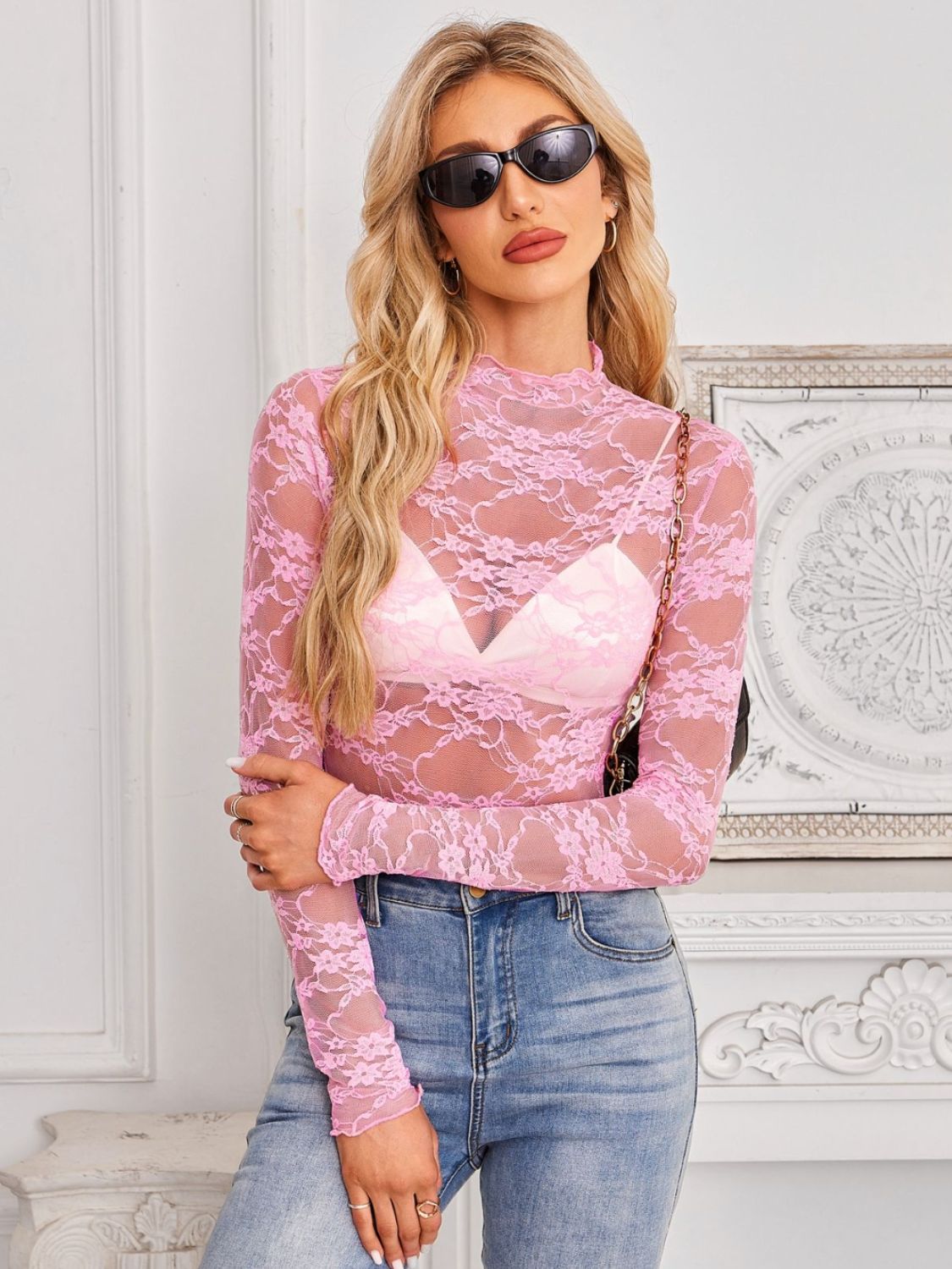 Mock Neck Long Sleeve Lace Sheer Top - MyEmpired