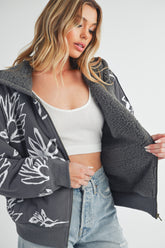 Aemi + Co Flower Print Zip Up Sherpa Hoodie - MyEmpired
