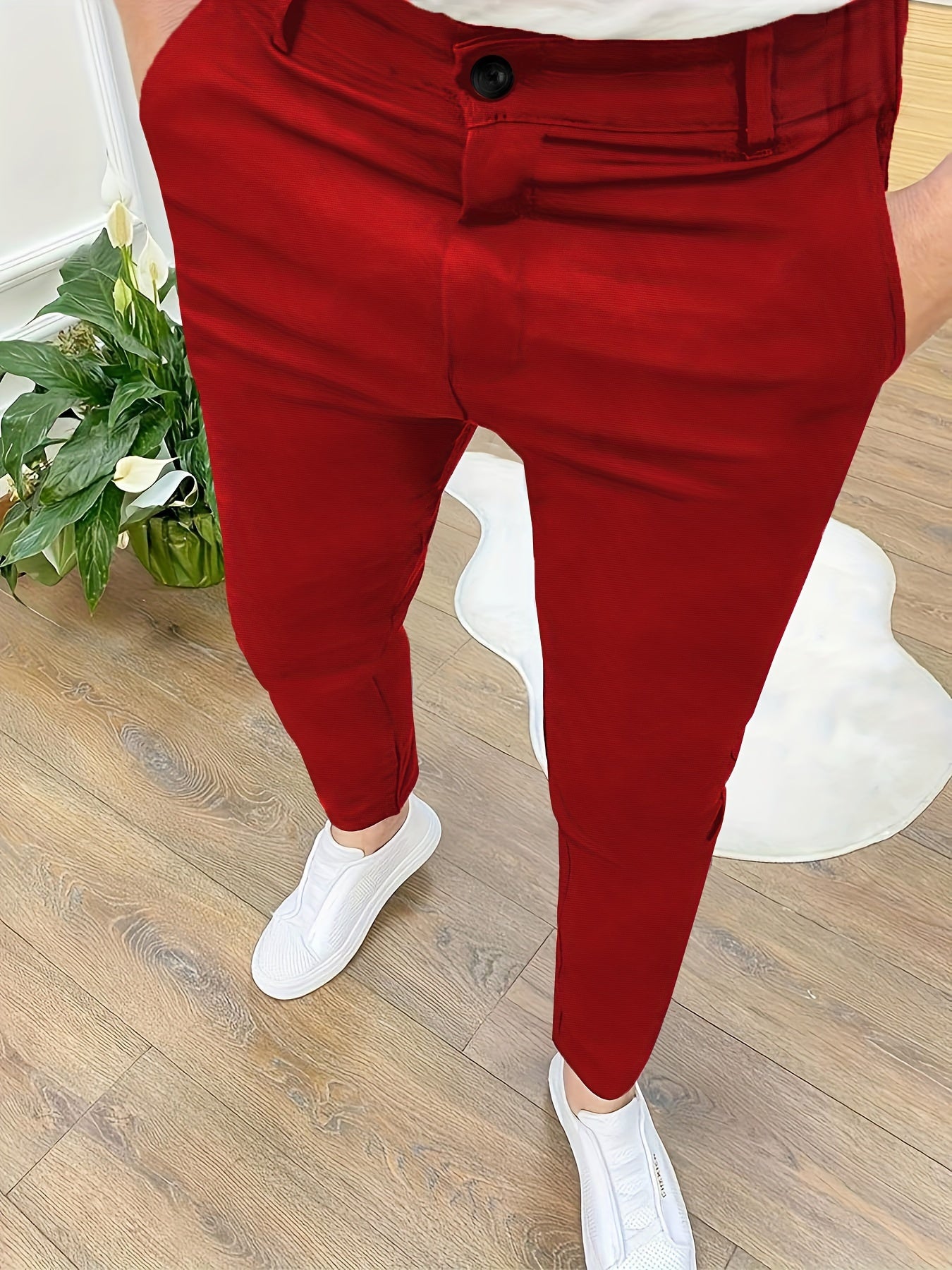 Men's Skinny Fit Trousers Basic Solid Color Polyester Knit Fabric with Medium Stretch and Zipper Detail All-Season Pants